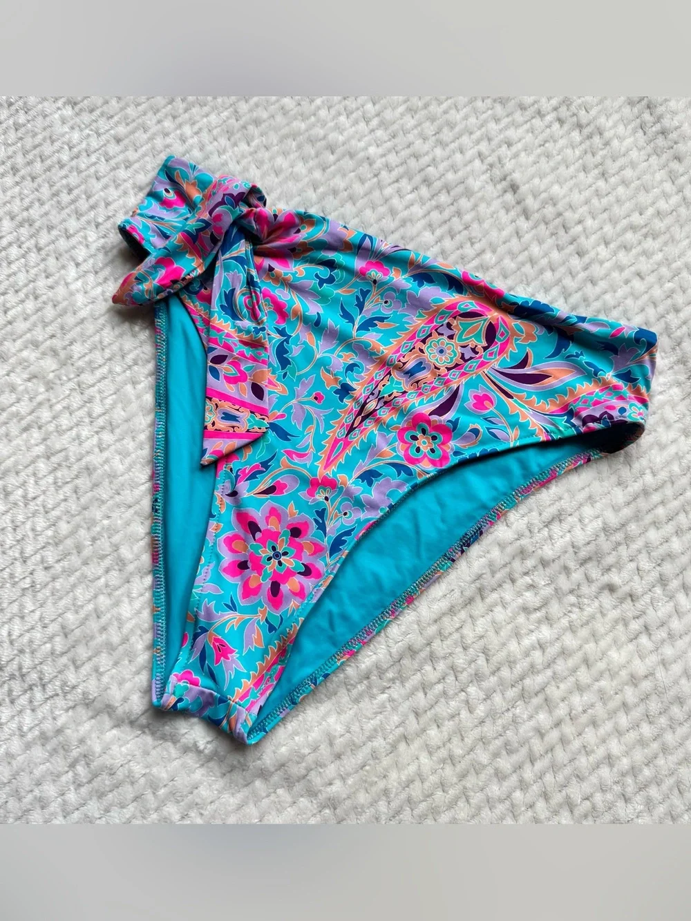 Frankie's Bikinis Scarf Bikini Bottom L Side Tie Blue Multicolor Paisley Hi Leg